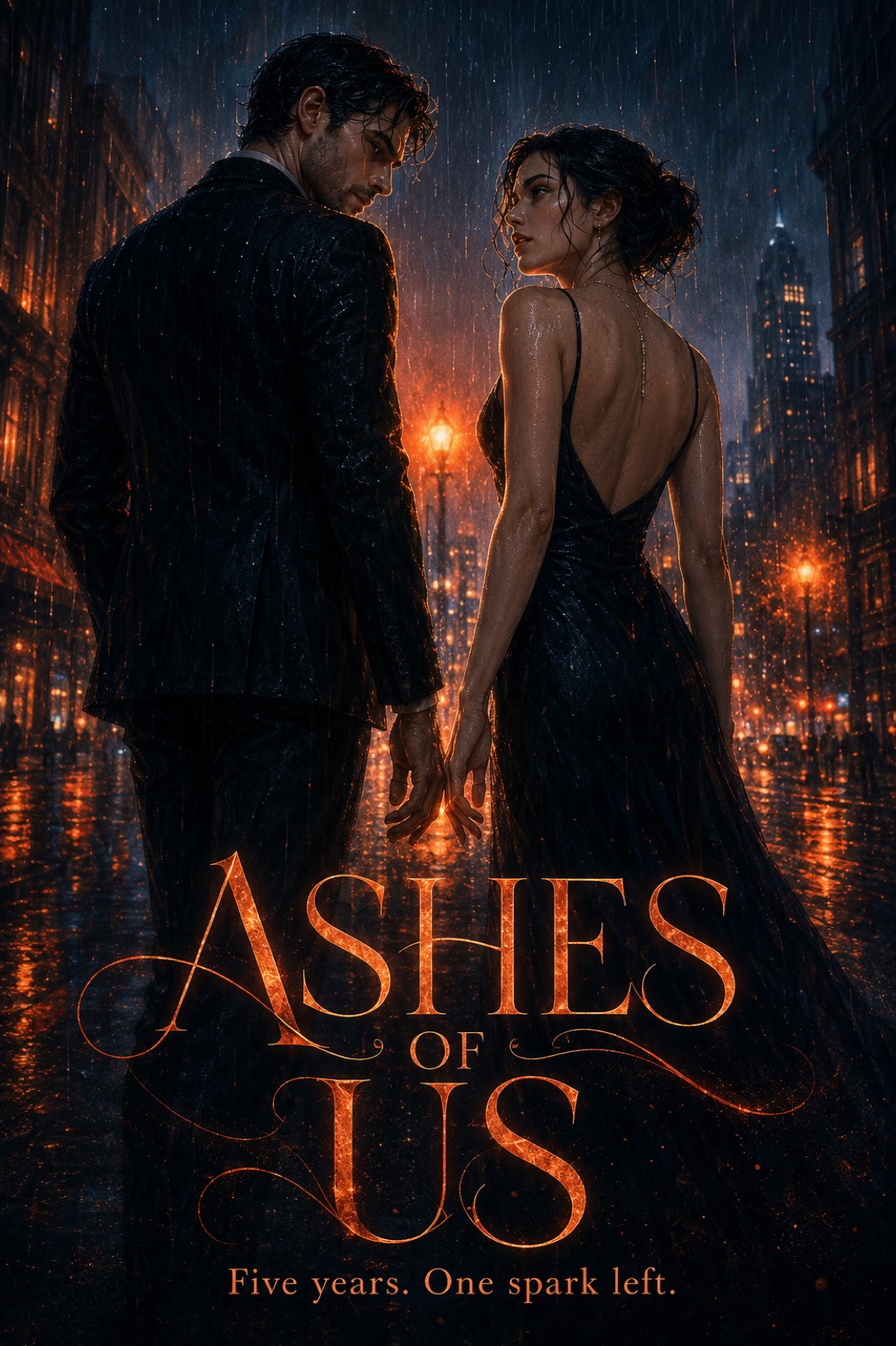 A couple in the rain under city lights